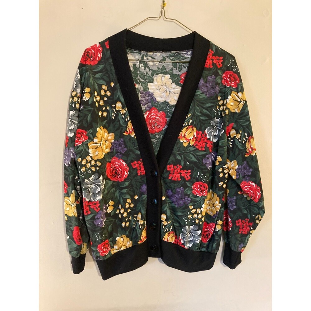 Vintage Women's Handmade Floral Print Cardigan - Size L